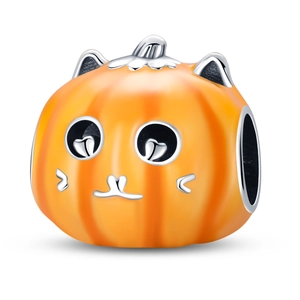 Macro detail of pumpkin cat charm in orange enamel and S925 sterling silver
