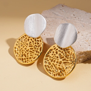 18k gold plated geometric hollow earrings with silver and gold two-tone contrast