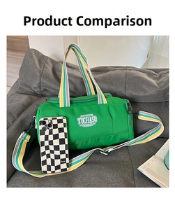 Detail view of green canvas cylinder sports bag with striped straps and patch embroidery