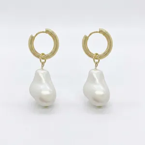 French Vintage Artificial Baroque Pearl Hoop Earrings Stainless Steel 18K Gold Plated Irregular Drop Dangle Retro Jewelry For Women