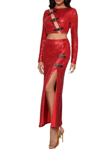 Elegant red sequin two-piece set featuring long sleeve crop top and high slit maxi skirt