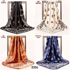 Detailed grid view of four paisley satin square scarves in black white coffee and navy