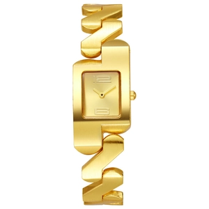 Detailed macro view of the rectangular gold watch face with numeric 12 and 6 markings
