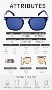Size guide for folding sunglasses showing full dimensions and frame specifications
