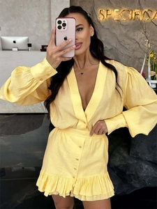 Mini Dress V-Neck Long Lantern Sleeves Button Front Smocked Waist Ruffled Tiered Hem Viscose Nylon Casual Vacation