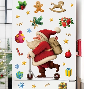Weihnachten Wandaufkleber Weihnachtsmann Auf Roller Schneeflocken PVC Selbstklebende Fensterbilder Für Heimdeko