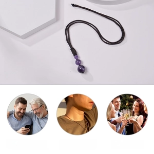 Natural 16mm amethyst pendant necklace with brown cord, showing lifestyle gift scenes