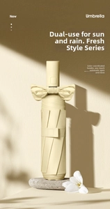 Detail of cream automatic umbrella with decorative bow and matching handle design