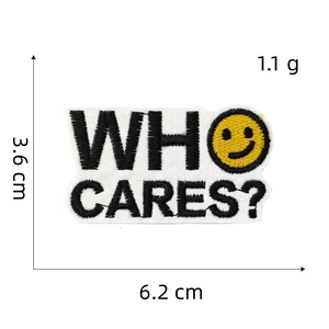 Detailed view of Who Cares cactus embroidery patch with 6.2cm x 3.6cm size dimensions
