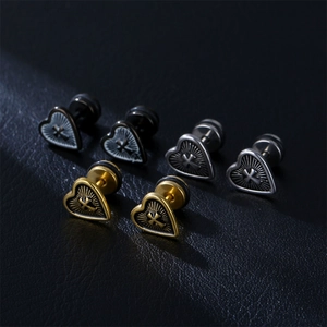 Gothic Punk Heart Cross Stud Earrings 316L Stainless Steel Vintage Hip Hop Style Unisex Secure Screw Back Jewelry Accessory