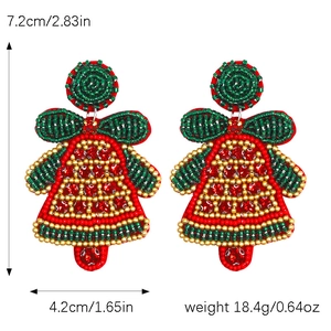Detail showing handmade beaded Christmas bell earrings with dimensions 7.2x4.2cm