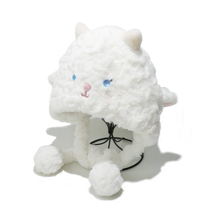 Cute white plush sheep winter hat with earflaps and pompoms for women warm fleece lining