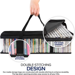 Detail view of CD storage bag with double-stitching and top down opening design