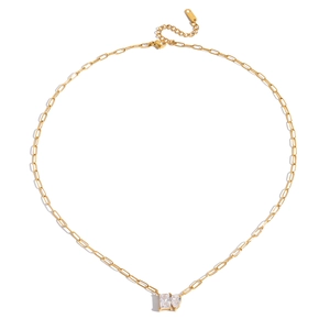 Classic 18K gold stainless steel necklace with teardrop white zircon pendant on white background