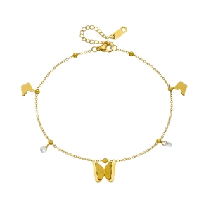 Gold butterfly bracelet with frosted charm and crystal beads on stainless steel chain