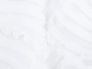 Detailed close-up of white mesh lace fabric with elegant pleated textures and semi-sheer finish
