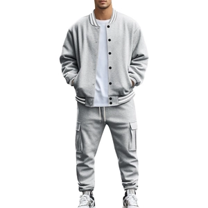 Detailed view of men's gray fleece baseball jacket and matching cargo sweatpants set