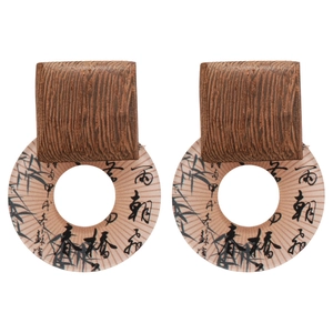 Vintage style square wood and round resin drop earrings with ink calligraphy pattern