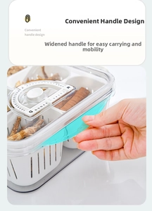 Detail view of transparent food storage box with drain basket and date tracking dial