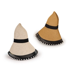 Women straw sun hat with black mesh brim and pearl trim in beige and caramel