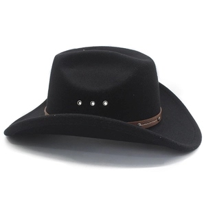 Detail of black felt cowboy hat featuring leather band with metal studs and side eyelets