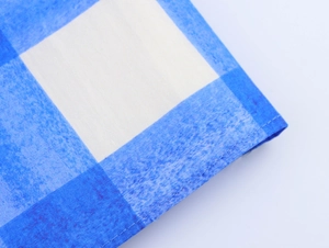 Dettaglio del tessuto a scacchi blu e bianchi con cuciture precise e trama visibile