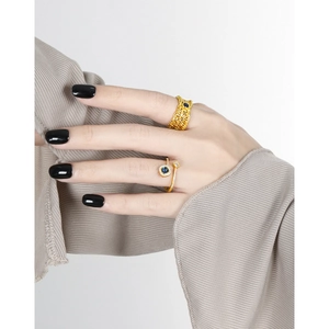 Gold plated mesh band and open blue zircon crossover rings set in S925 sterling silver