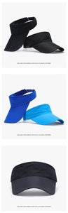 Detailed view of quick-dry sun visors in black and blue with breathable long brims