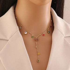 Chic gold Y-shaped necklace with colorful crystal heart and celestial stone pendants