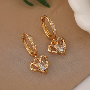 18K gold plated copper earrings featuring zircon-encrusted hearts and bow accents
