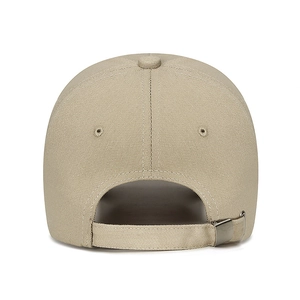 Khaki cotton baseball cap back view with adjustable metal buckle and neat stitching