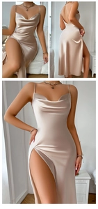 Detail view of champagne silk slip dress featuring a cowl neck and high side slit design