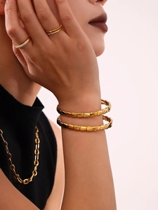 Detail of 18K gold plated modular snake-style bracelet and chain necklace on model
