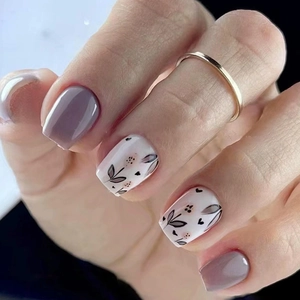 Press On Nails Short Ballet Square Round Purple Solid Floral Pattern Artificial False Fingernails DIY Manicure For Women