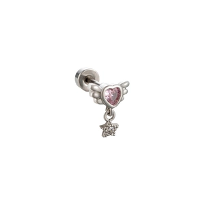 Silver winged heart ear stud with pink gem and star pendant on a clean white background