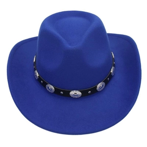 Detail of royal blue wool felt cowboy hat with black belt and silver metal studs