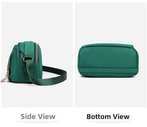Dettaglio del profilo laterale e del fondo piatto della borsa a tracolla in nylon verde