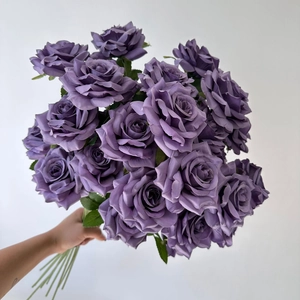 Artificial 3-head diamond rose bouquet in purple silk for wedding decoration