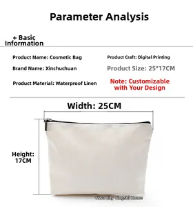 Waterproof linen makeup bag with digital printing detail and 25x17cm size dimensions