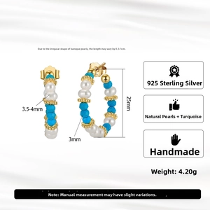 Detail view of 925 sterling silver hoop earrings with baroque pearls and turquoise beads