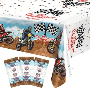 Detail of motocross race themed tablecloth with champion winner graphics and checkered flag