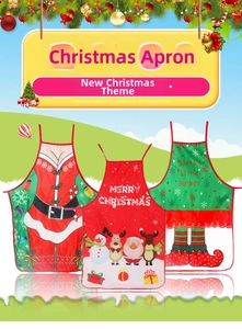 Collection of three festive Christmas aprons featuring Santa and elf character designs