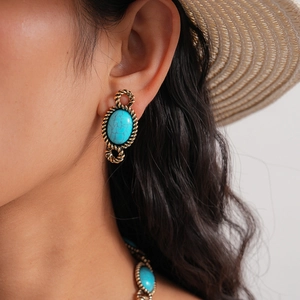 Bohemian retro oval turquoise earrings in gold alloy frame with twisted rope detail