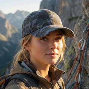 Outdoor distressed camouflage baseball cap for men and women on mountain background