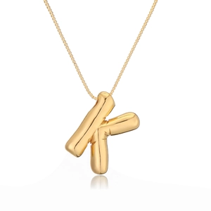 Golden balloon-style letter K pendant necklace on a matching box chain for women