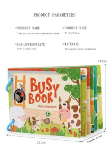 Detailed specs of the 21x14x3.5cm educational busy book with white cardboard pages