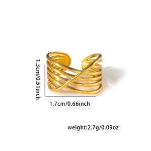 Detail view of gold titanium ring with dimensions 1.3cm height and 2.7g weight info