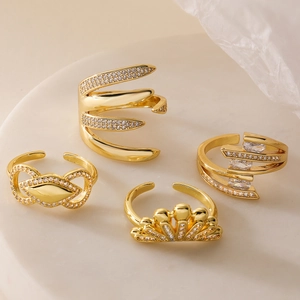 Western Fashion Copper 18K Gold Plated Zirconia Geometric Open Ring For Women Adjustable Irregular Statement Finger Jewelry