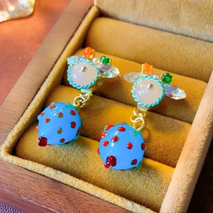 Blue Strawberry Fruit Dangle Earrings Alloy Resin Rhinestone With 925 Sterling Silver Earring Post Sweet Fresh Style For Women