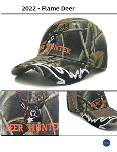 Detail of deer hunter embroidery and white flame stitching on camo baseball cap